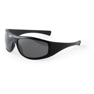 Black sunglasses with a sleek design and dark lenses, featuring a logo on the side.