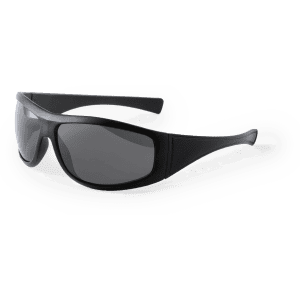 A pair of black sunglasses with dark lenses and a sleek design, featuring a logo on the frame.