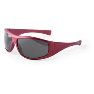 A pair of maroon sunglasses with dark lenses and a sleek design, featuring a subtle logo on the frame.