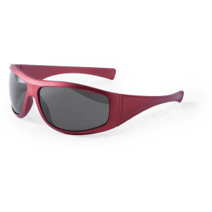 A pair of red sunglasses with dark lenses and a sleek design. Features a logo on the side.
