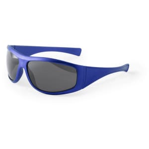 Blue sunglasses with black lenses and a modern design, featuring a logo on the side.