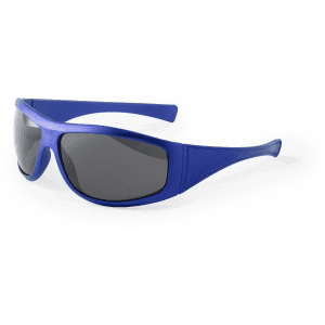 Blue sunglasses with dark lenses, featuring a sleek design and a logo on the side.