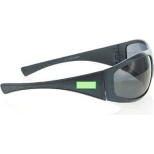 Sunglasses with a grey frame and dark lenses, featuring a branding logo on the side.