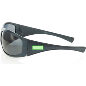 A pair of dark grey sunglasses with a sleek design, featuring a logo on the side.