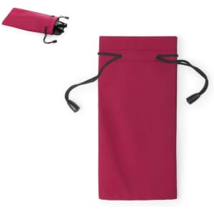 A red pouch with a drawstring closure, featuring a logo, designed for miscellaneous storage.