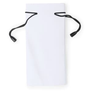 A white pouch with a black drawstring closure, featuring a branding logo.
