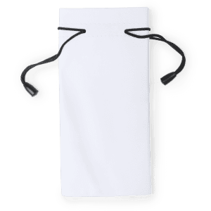 A white pouch with a drawstring closure and black cords, featuring a small logo.