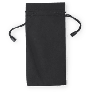 A black pouch with drawstring closure, featuring a simple design and soft fabric texture.