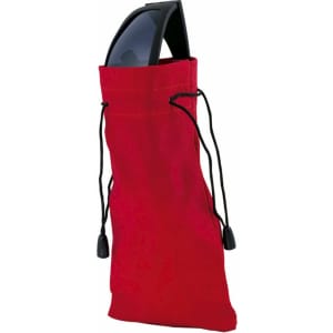 A red pouch featuring a drawstring closure holding a pair of sunglasses, with a logo visible on the pouch.