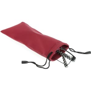 A red pouch with a drawstring, containing glasses with a checkered pattern, featuring a logo.