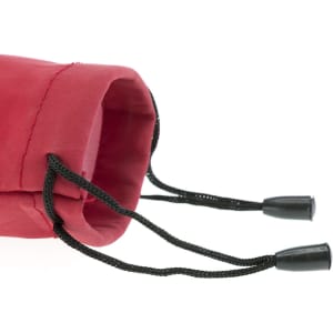 A red pouch with a drawstring closure and black cords. It has a smooth texture and a simple design.