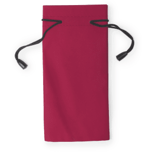 A red pouch with a black drawstring closure, featuring a logo.