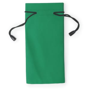 A green pouch with a drawstring closure, featuring black drawcords and ends. Includes a logo.
