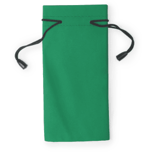 A green pouch with a drawstring closure and black accents. It has a logo on the front.