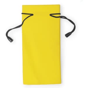 A yellow pouch with black drawstrings and toggles, featuring a simple design and a logo.