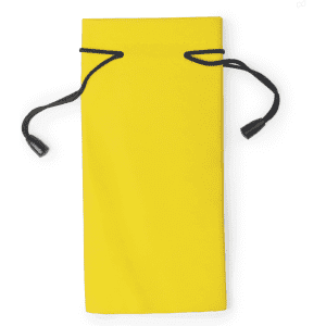 A yellow pouch with a drawstring closure and black cords, featuring a logo on the front.