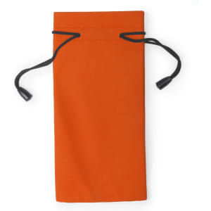 An orange pouch with a drawstring closure and black cords, featuring a logo.