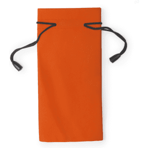 An orange pouch with a drawstring closure and black cords, featuring a simple, unbranded design.