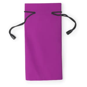 A purple pouch with a drawstring closure, featuring black cords and toggles. It has a logo present.