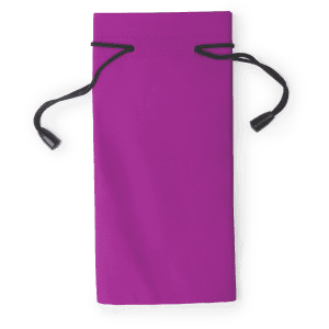A purple pouch with a drawstring closure, featuring a simple design and a logo.