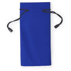 A blue pouch featuring a drawstring closure and two matching cords. It has a simple design and is branded.