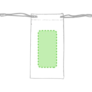 A drawstring pouch in white with a green rectangle patch, featuring a logo.