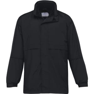 A black rain jacket with a collar, long sleeves, and two front pockets. Features a logo on the chest.