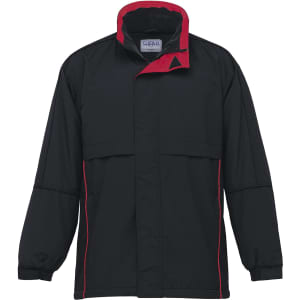 A black rain jacket with red accents, featuring a high collar and a logo. Perfect for wet weather.