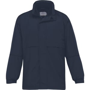 A navy blue rain jacket with a collar, long sleeves, and a logo on the front. Features two front pockets.