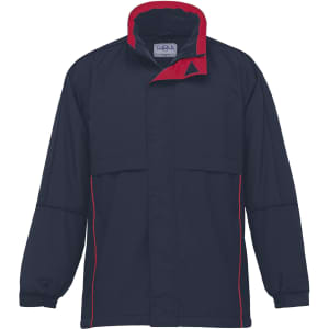 A navy and red rain jacket featuring a zippered front and a logo on the chest.