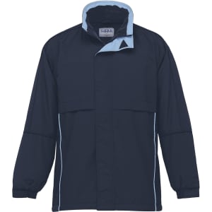 A navy blue rain jacket with light blue accents and a collar, featuring a logo on the front.