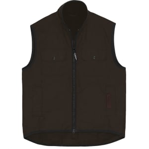 An olive green oilskin vest with a zip front, two chest pockets, and a logo on the side.