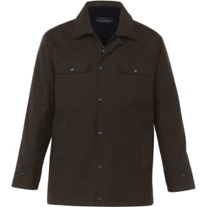 A dark green oilskin jacket with multiple pockets and a logo, featuring a button-up front and collar.