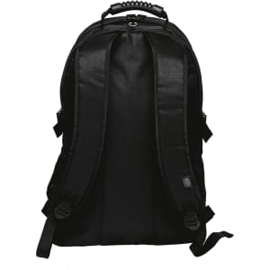 A black backpack with adjustable straps, featuring a handle on top and a logo.