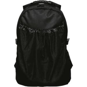 A black backpack featuring a mesh front pocket and adjustable straps, with a sleek, modern design.