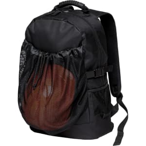A black backpack featuring a mesh pocket holding a basketball. It has adjustable straps and additional compartments.