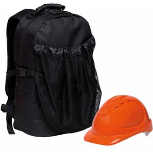 A black backpack with a mesh pocket alongside an orange safety helmet, both displayed prominently.