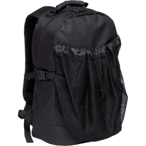 A black backpack featuring a mesh side pocket and a sturdy handle on the top. It includes a logo on the front.