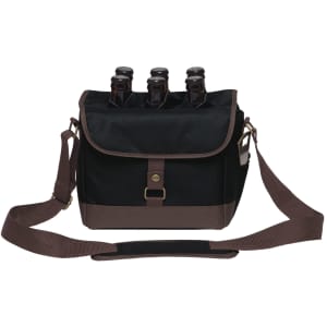 A drink bottle caddy cooler in black and brown, featuring three bottle compartments and an adjustable shoulder strap.