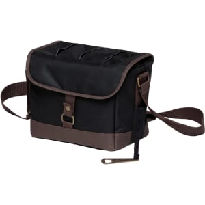 A drink bottle cooler in black and brown with a flap closure and an adjustable strap, featuring a logo.