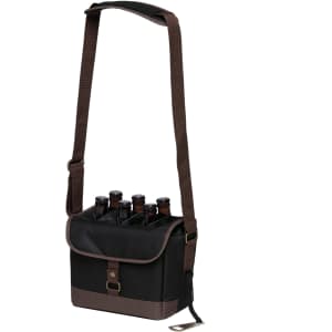 A drink bottle cooler in black and brown, featuring a shoulder strap and holding multiple bottles. It has a logo on the front.