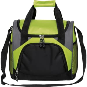 A cooler bag featuring a bright green front with black accents and dual carry handles, including a detachable shoulder strap.