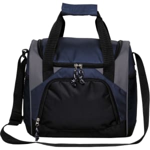A bistro cooler bag in navy and grey with dual handles and an adjustable strap, featuring a front zip pocket.