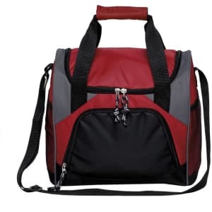 A cooler bag in red, grey, and black with dual zippers, a carrying handle, and an adjustable shoulder strap.