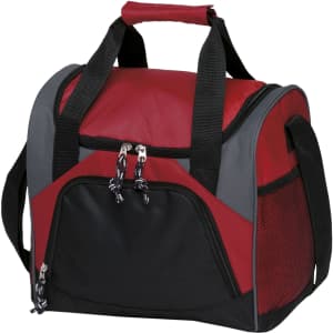 A bistro cooler featuring a red and black design, with sturdy handles and a zippered front pocket.