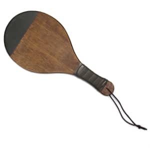 A wooden paddle tennis racket with a dark green head and a textured grip, featuring a hanging loop.