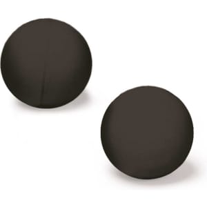 Two black paddle tennis balls positioned closely together on a white background.