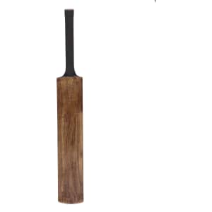 A wooden cricket bat with a black handle, featuring a smooth, polished surface. It has a minimalist design.