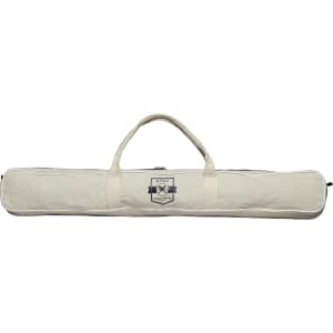 A beige cricket bag with handles, featuring a logo, designed for carrying a backyard cricket set.
