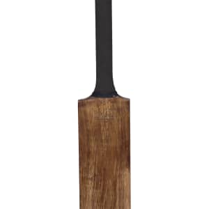 A wooden cricket bat with a black grip, featuring a logo. The bat has a polished finish and smooth edges.
